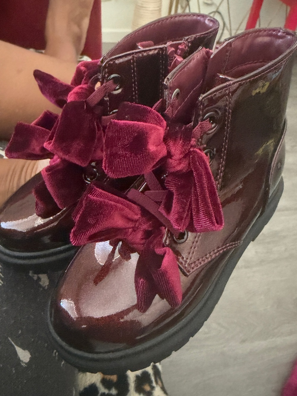Girls' Burgundy Velvet Bow Ankle Boots - Kids Shoes
